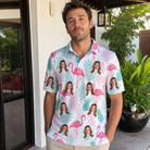 Real-life photo of someone wearing Men's Long-Legged Luau Custom Face Polo Shirt — custom faces printed all-over