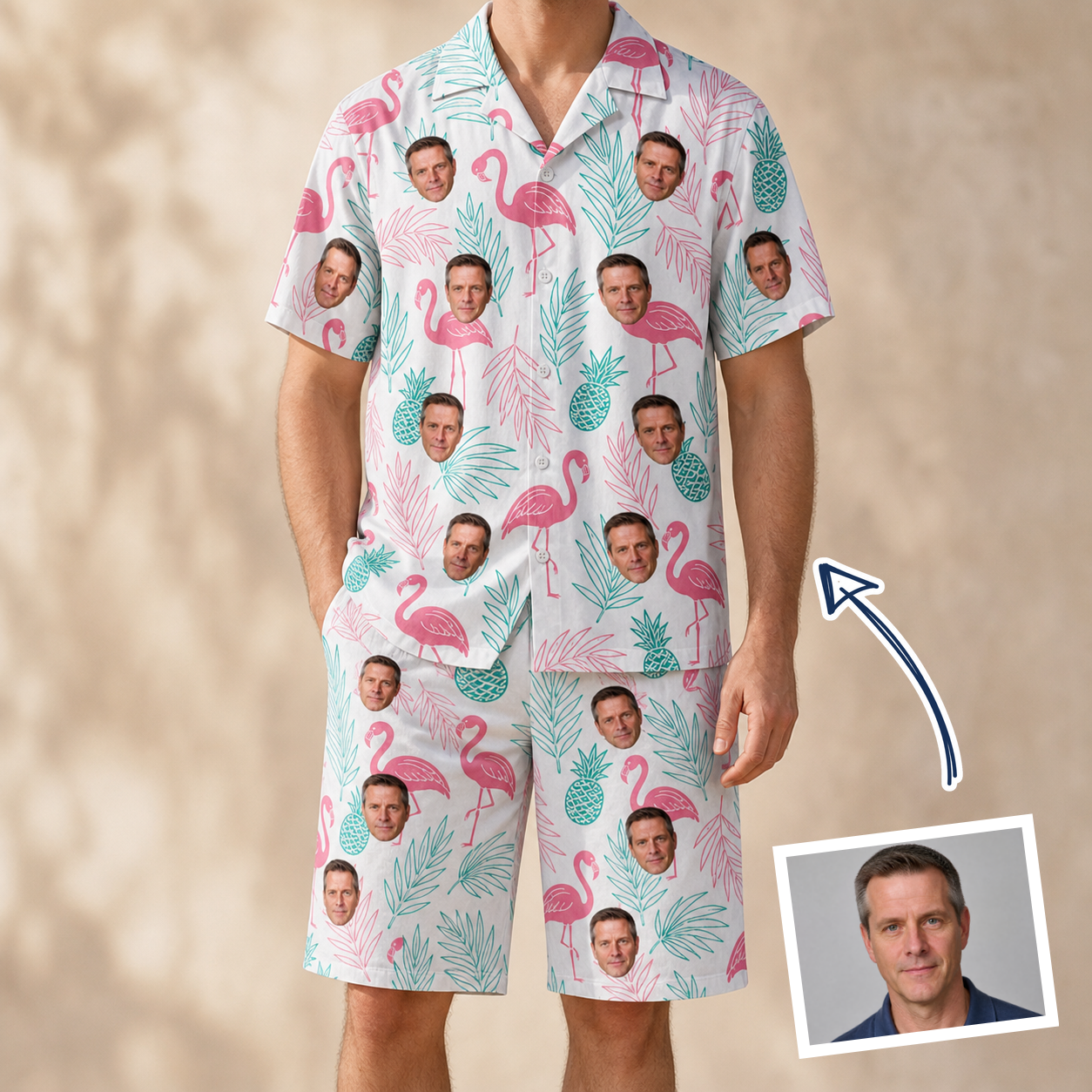 Man wearing Men's Long-Legged Luau Custom Face Shirt & Shorts Set — custom faces printed all-over