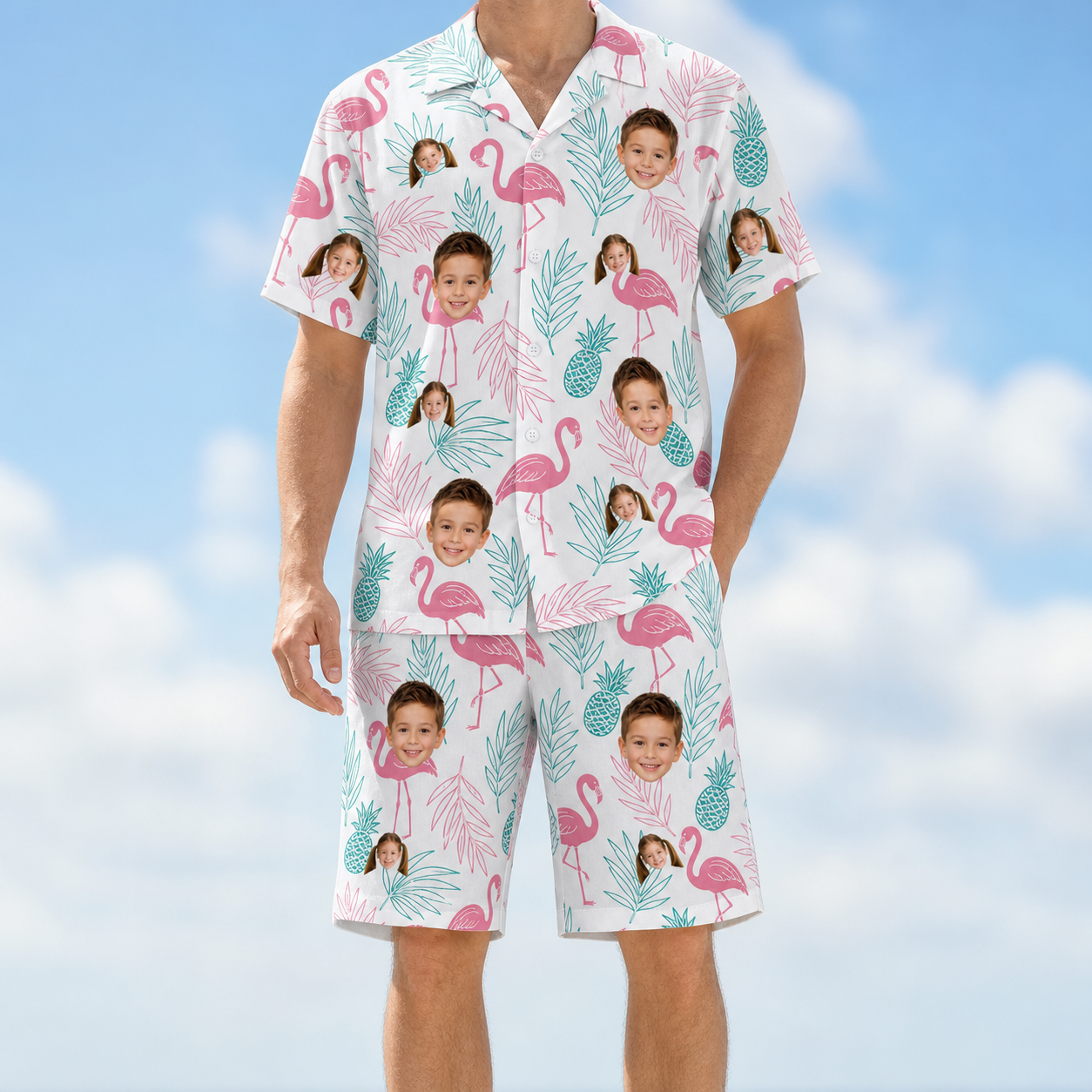 Model wearing Men's Long-Legged Luau Custom Face Shirt & Shorts Set printed with kids' faces