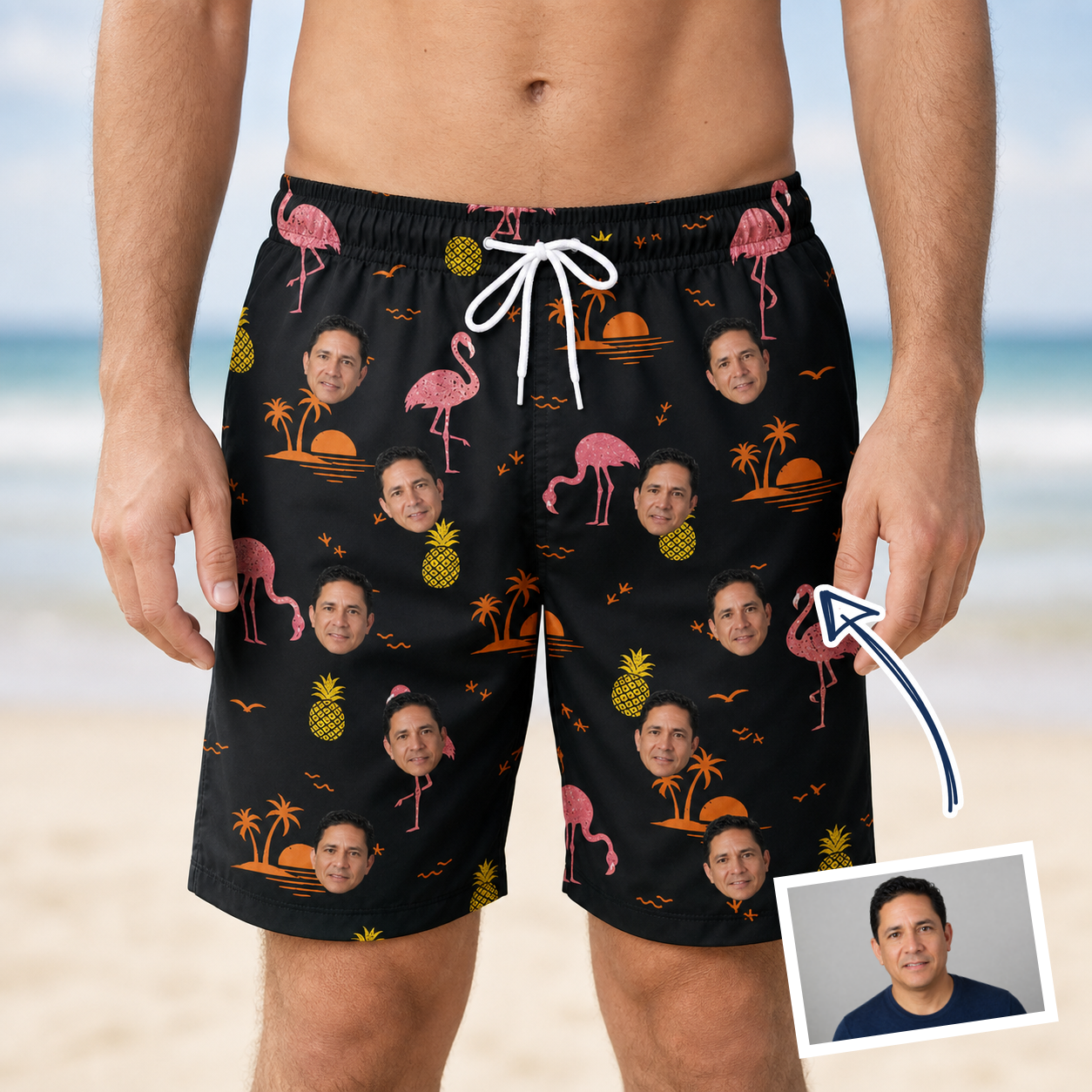 Man wearing Men's Flocktail Hour Custom Face Beach Shorts — custom faces printed all-over