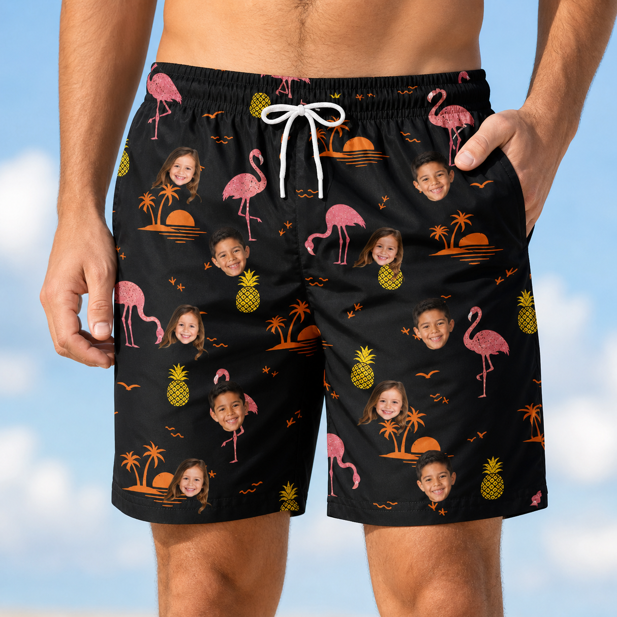 Model wearing Men's Flocktail Hour Custom Face Beach Shorts printed with kids' faces