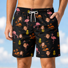 Model wearing Men's Flocktail Hour Custom Face Beach Shorts printed with kids' faces