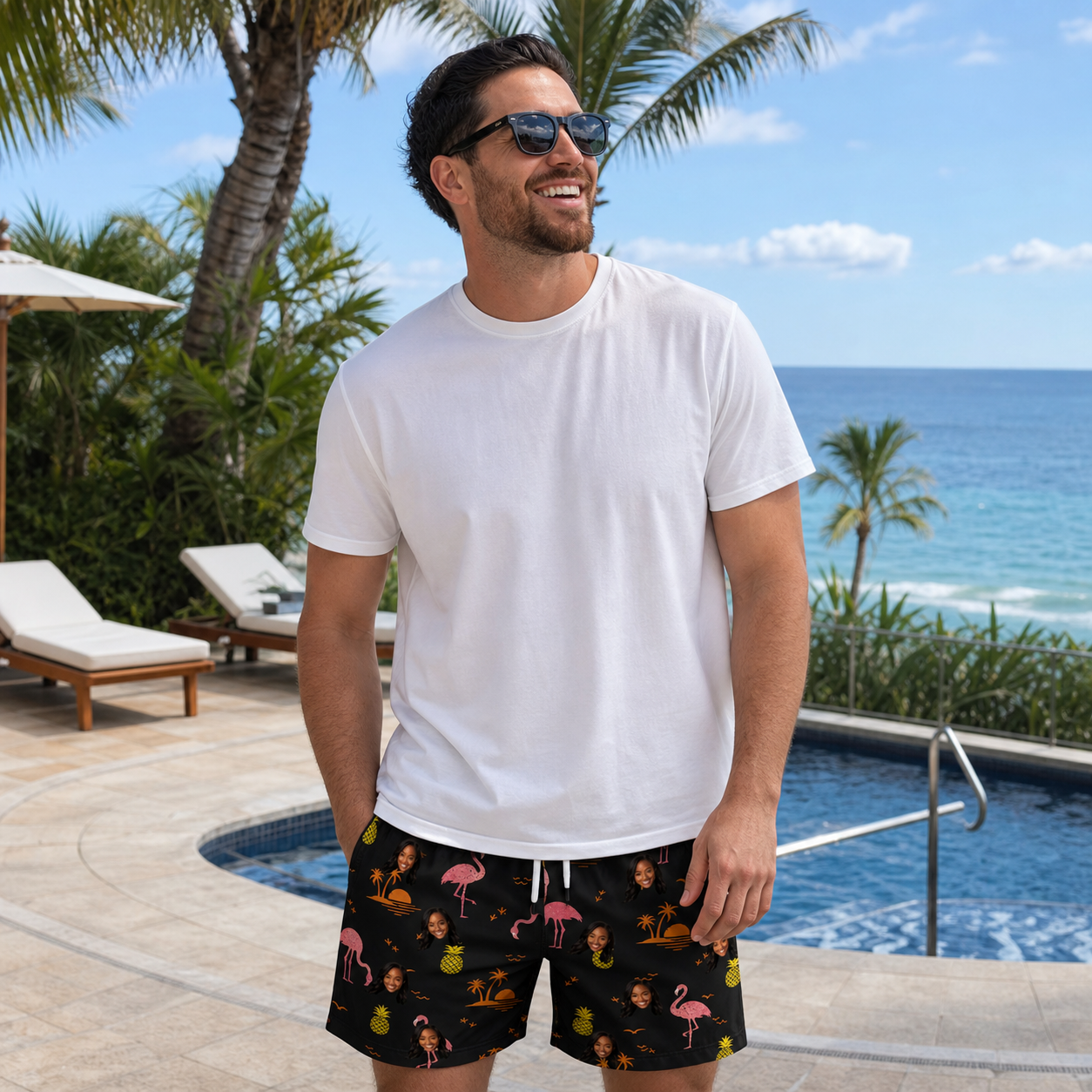 Real-life photo of someone wearing Men's Flocktail Hour Custom Face Beach Shorts — custom faces printed all-over
