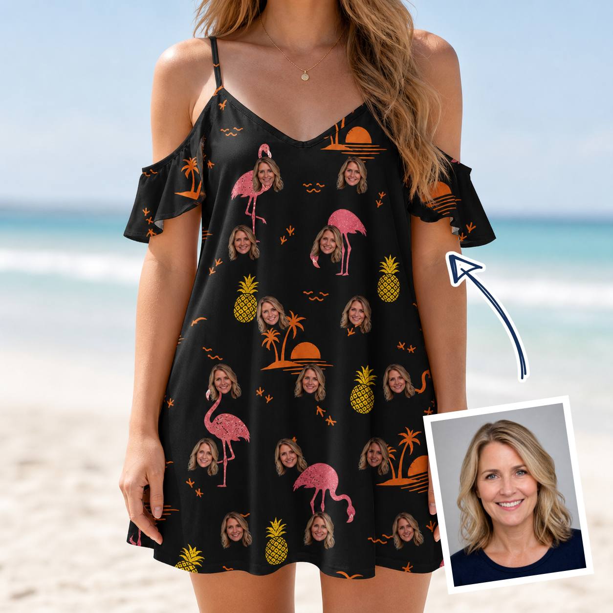 Woman wearing Women's Flocktail Hour Custom Face Off-Shoulder Dress — custom faces printed all-over