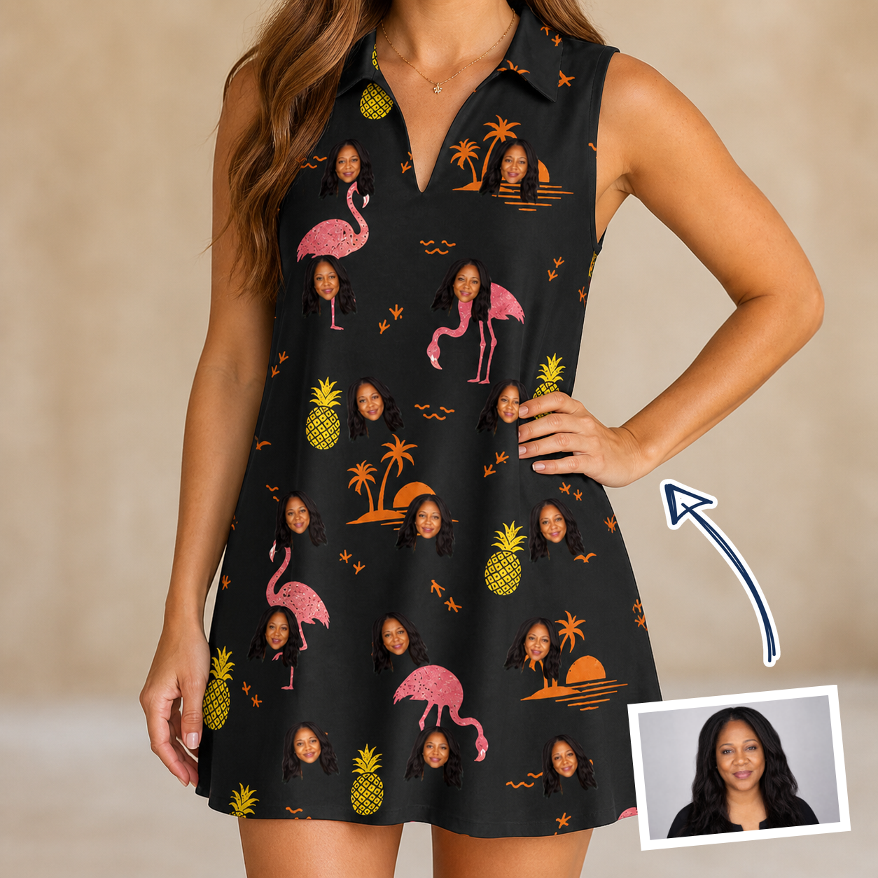 Woman wearing Women's Flocktail Hour Custom Face V-Neck Dress — custom faces printed all-over