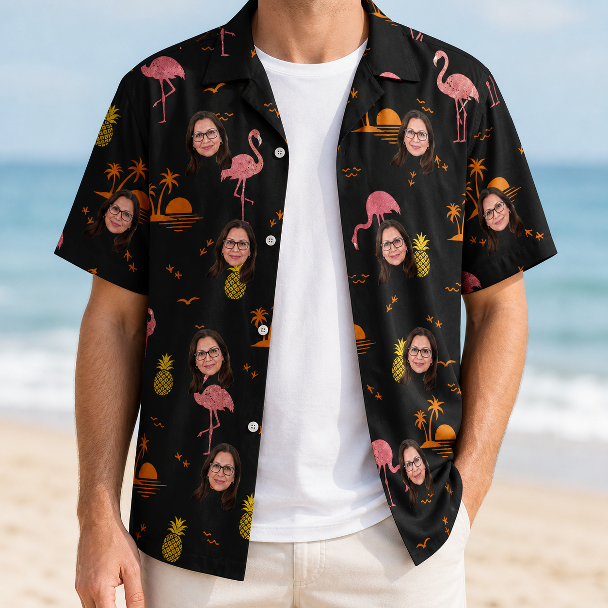 Man wearing Men's Flocktail Hour Custom Face Hawaiian Shirt open over a white tee