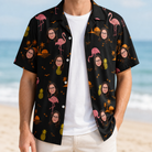 Man wearing Men's Flocktail Hour Custom Face Hawaiian Shirt open over a white tee