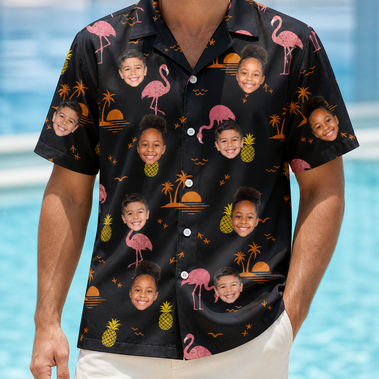 Model wearing Men's Flocktail Hour Custom Face Hawaiian Shirt printed with kids' faces