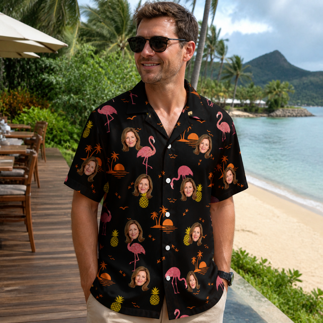 Real-life photo of someone wearing Men's Flocktail Hour Custom Face Hawaiian Shirt — custom faces printed all-over