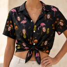 Woman wearing Women's Flocktail Hour Custom Face Hawaiian Shirt tied at the waist