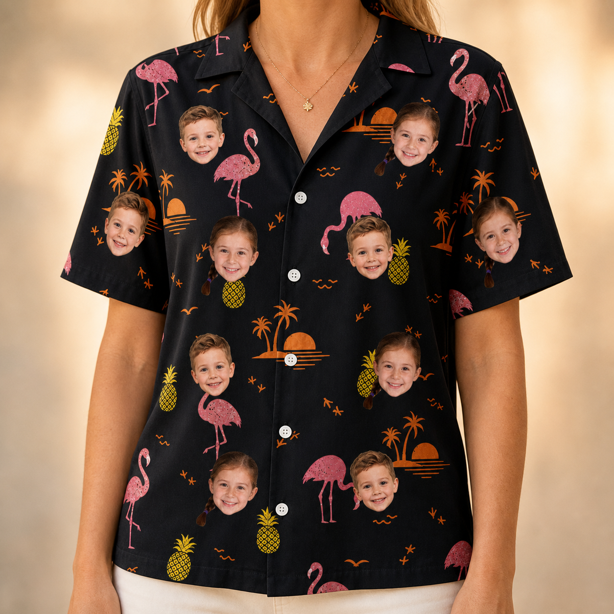 Model wearing Women's Flocktail Hour Custom Face Hawaiian Shirt printed with kids' faces