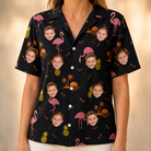 Model wearing Women's Flocktail Hour Custom Face Hawaiian Shirt printed with kids' faces