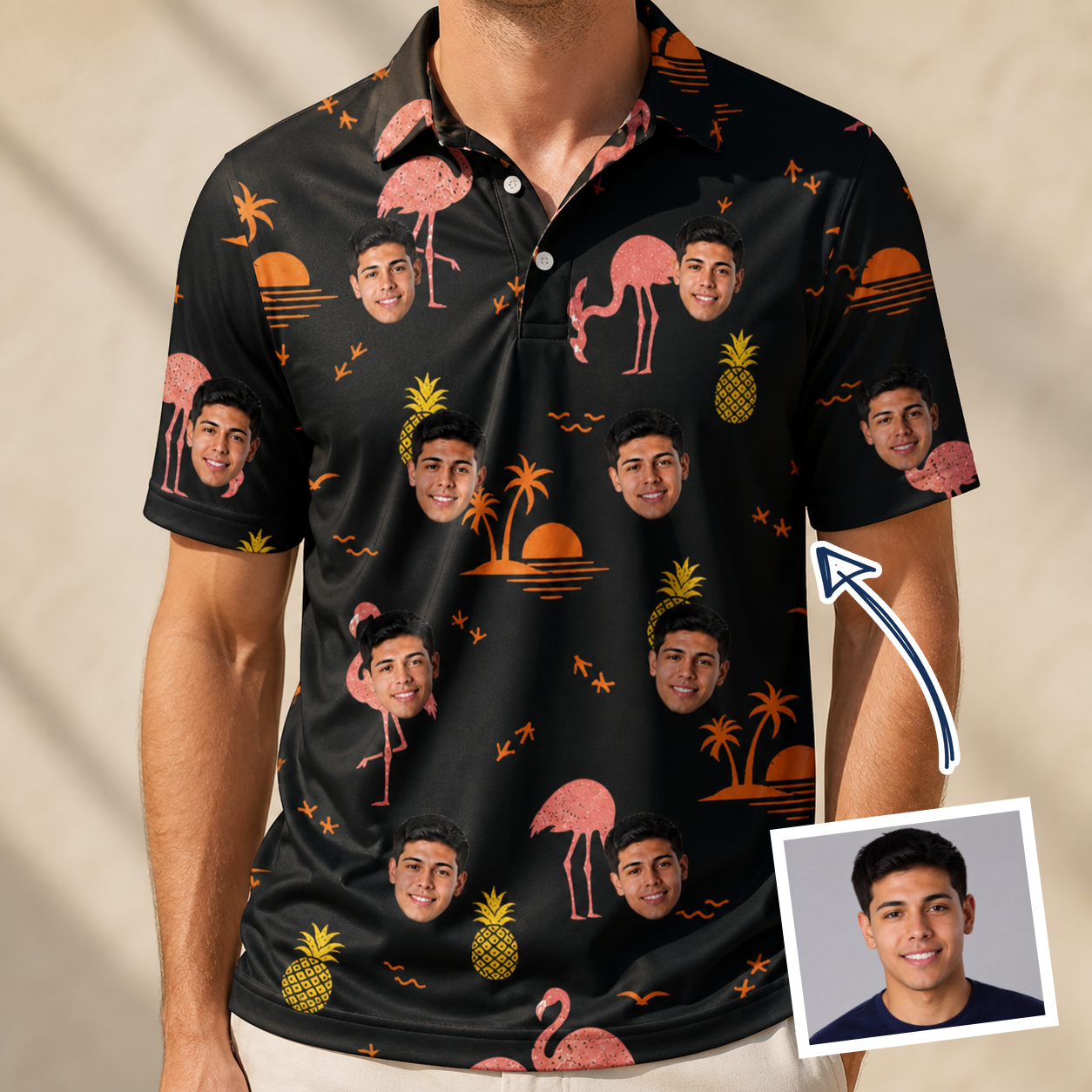 Man wearing Men's Flocktail Hour Custom Face Polo Shirt — custom faces printed all-over