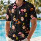 Model wearing Men's Flocktail Hour Custom Face Polo Shirt printed with kids' faces