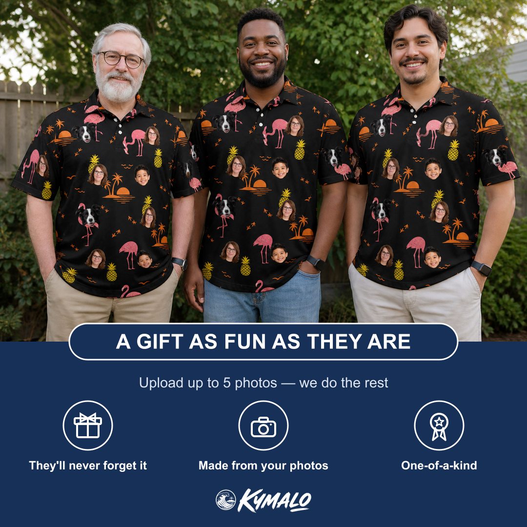 Friends in matching Men's Flocktail Hour Custom Face Polo Shirt — a group gift photo