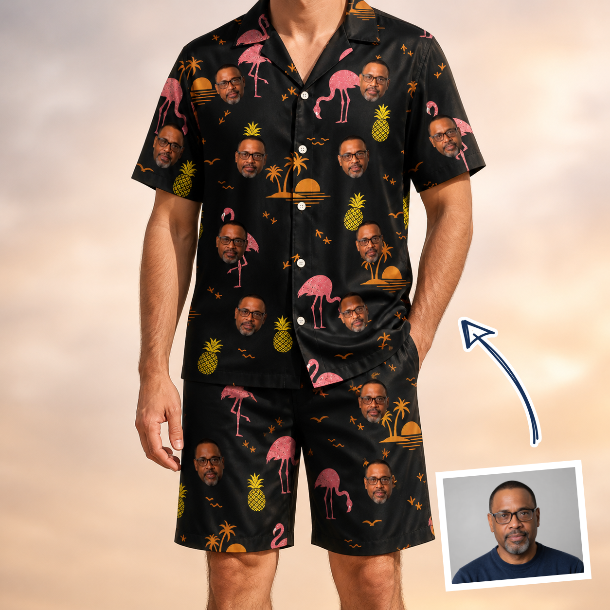 Man wearing Men's Flocktail Hour Custom Face Shirt & Shorts Set — custom faces printed all-over