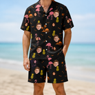 Model wearing Men's Flocktail Hour Custom Face Shirt & Shorts Set printed with kids' faces
