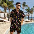 Real-life photo of someone wearing Men's Flocktail Hour Custom Face Shirt & Shorts Set — custom faces printed all-over