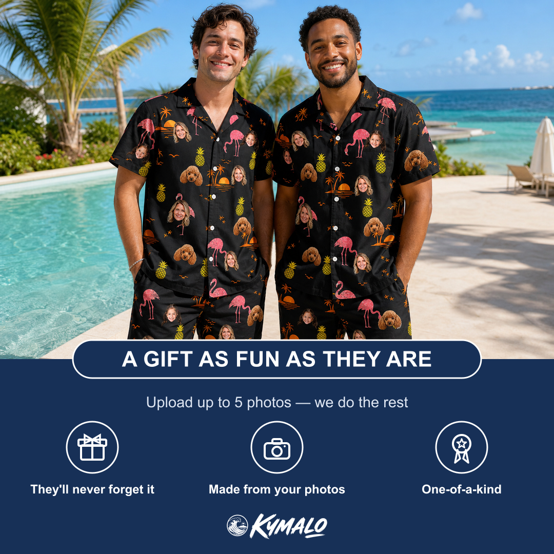 Friends in matching Men's Flocktail Hour Custom Face Shirt & Shorts Set — a group gift photo