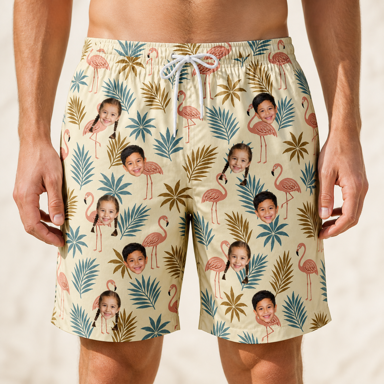 Model wearing Men's Flamboyance Dance Custom Face Beach Shorts printed with kids' faces