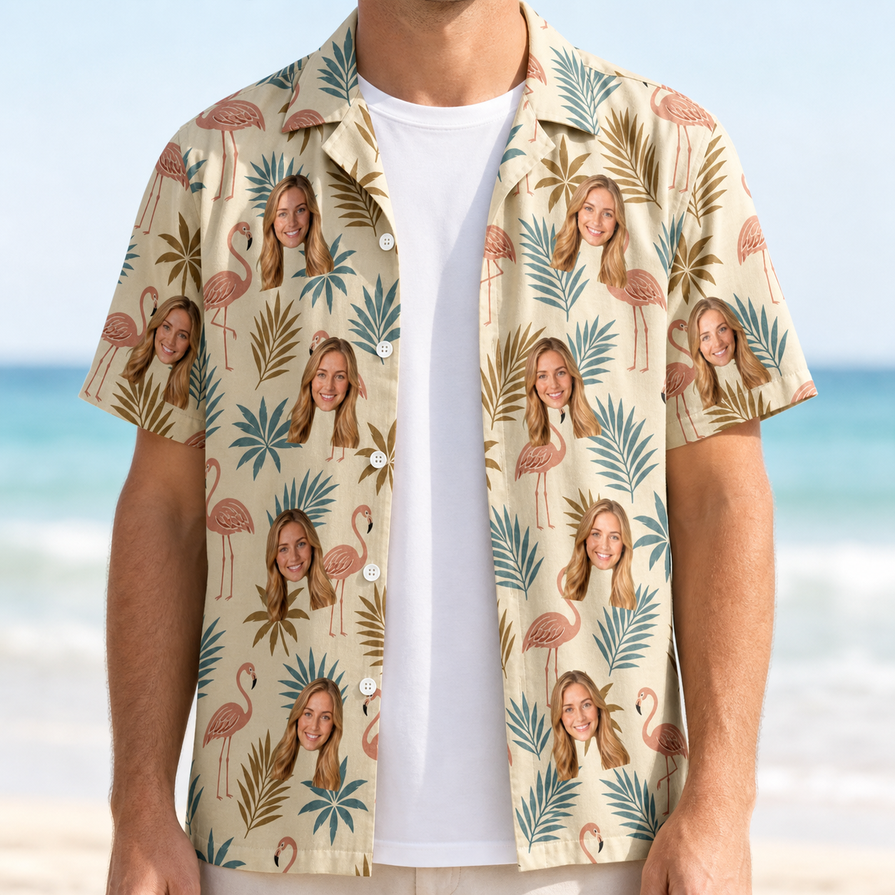 Man wearing Men's Flamboyance Dance Custom Face Hawaiian Shirt open over a white tee