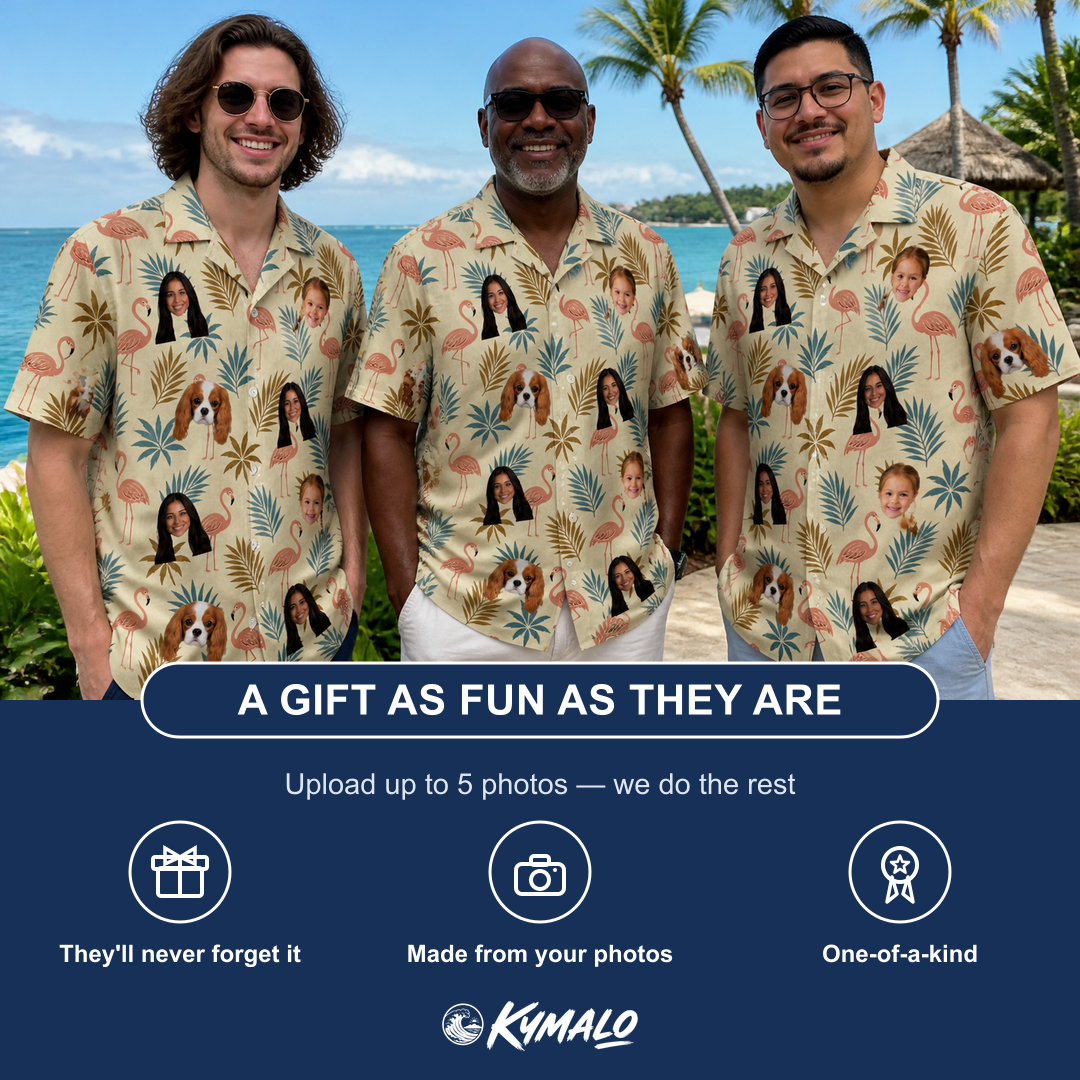 Friends in matching Men's Flamboyance Dance Custom Face Hawaiian Shirt — a group gift photo