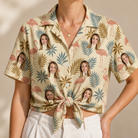 Woman wearing Women's Flamboyance Dance Custom Face Hawaiian Shirt tied at the waist