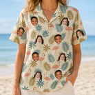 Model wearing Women's Flamboyance Dance Custom Face Hawaiian Shirt printed with kids' faces