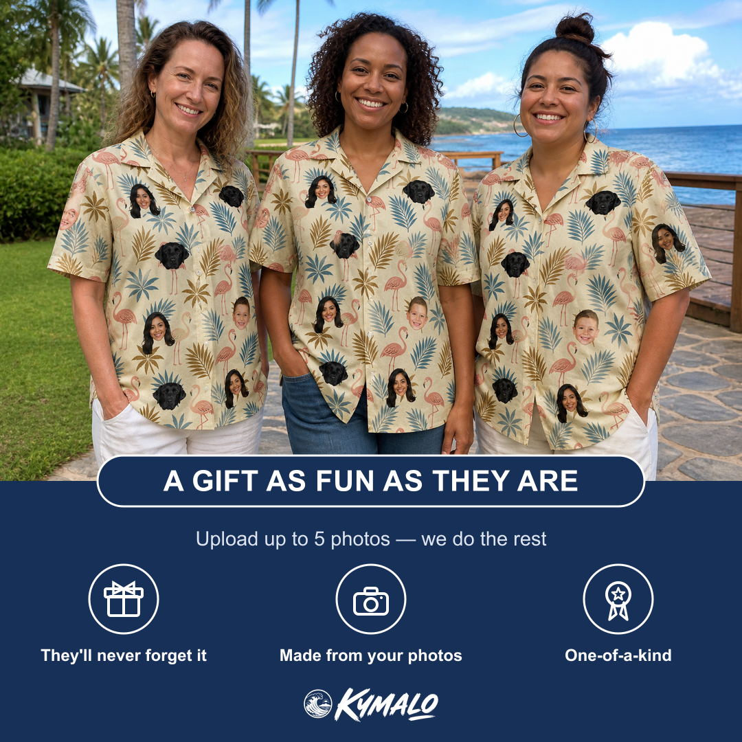 Friends in matching Women's Flamboyance Dance Custom Face Hawaiian Shirt — a group gift photo