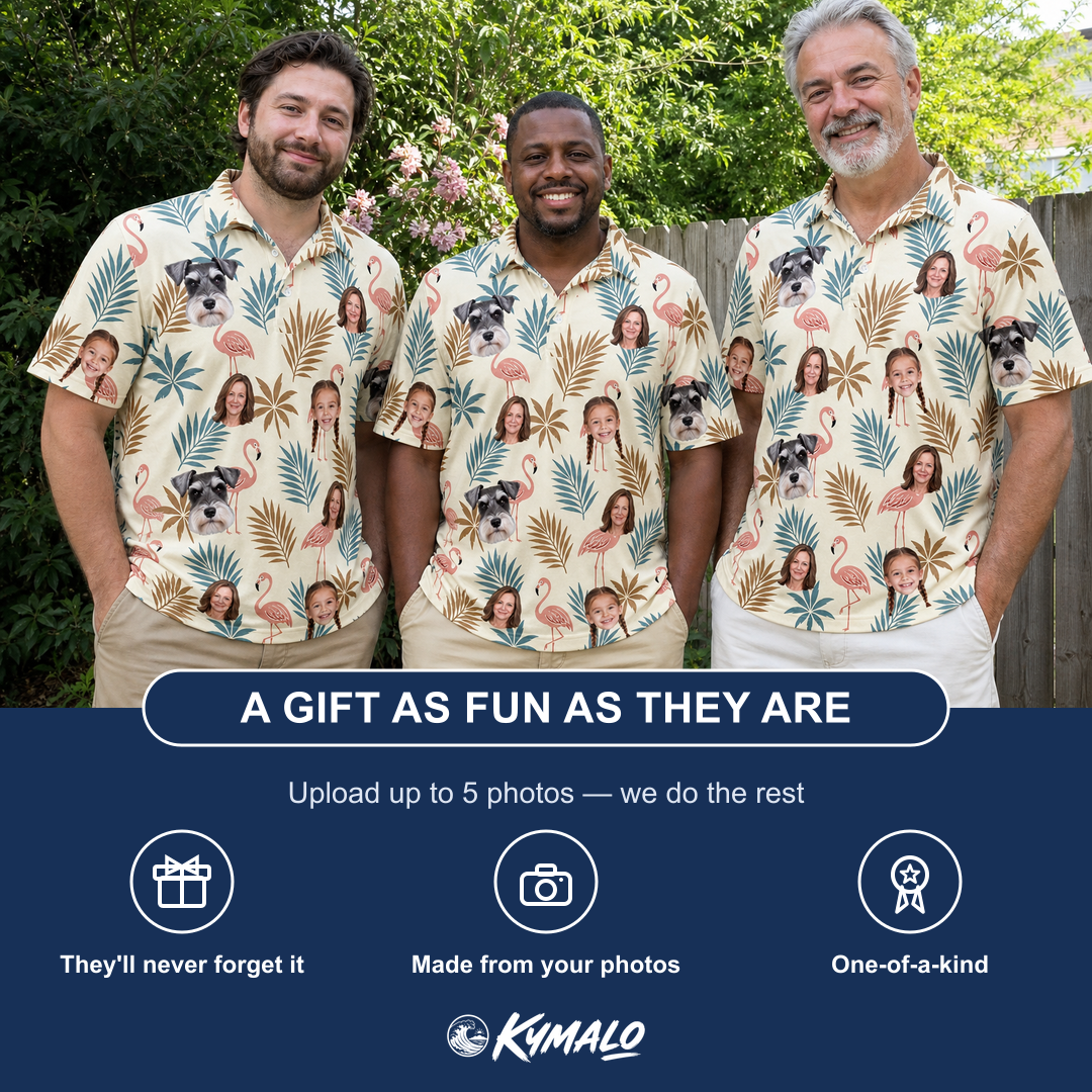 Friends in matching Men's Flamboyance Dance Custom Face Polo Shirt — a group gift photo