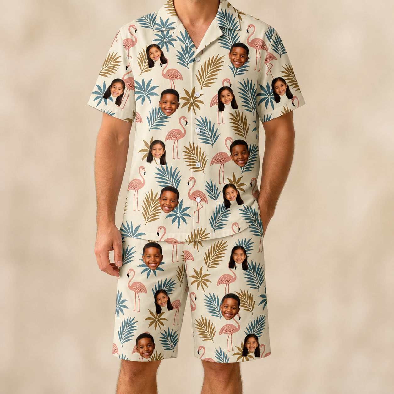 Model wearing Men's Flamboyance Dance Custom Face Shirt & Shorts Set printed with kids' faces