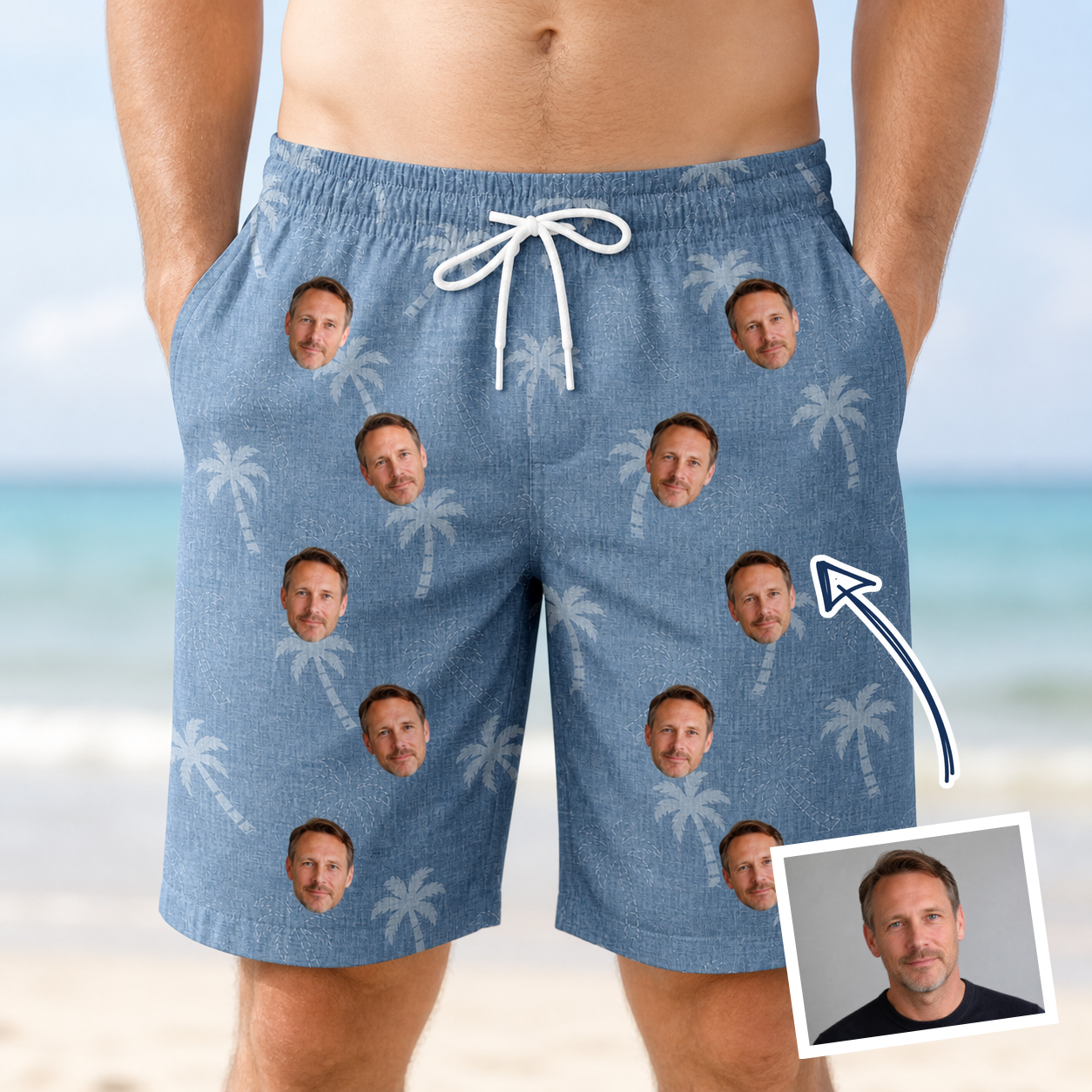 Man wearing Men's Midcentury Mirage Custom Face Beach Shorts — custom faces printed all-over