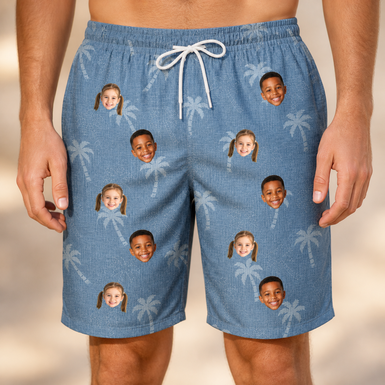 Model wearing Men's Midcentury Mirage Custom Face Beach Shorts printed with kids' faces