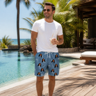 Real-life photo of someone wearing Men's Midcentury Mirage Custom Face Beach Shorts — custom faces printed all-over