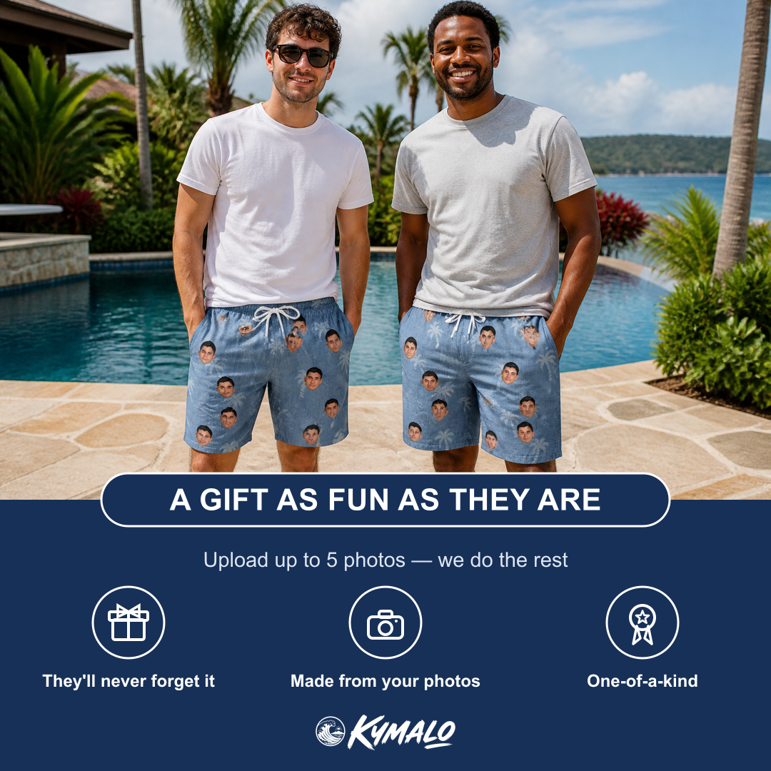 Friends in matching Men's Midcentury Mirage Custom Face Beach Shorts — a group gift photo