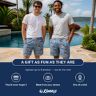 Friends in matching Men's Midcentury Mirage Custom Face Beach Shorts — a group gift photo