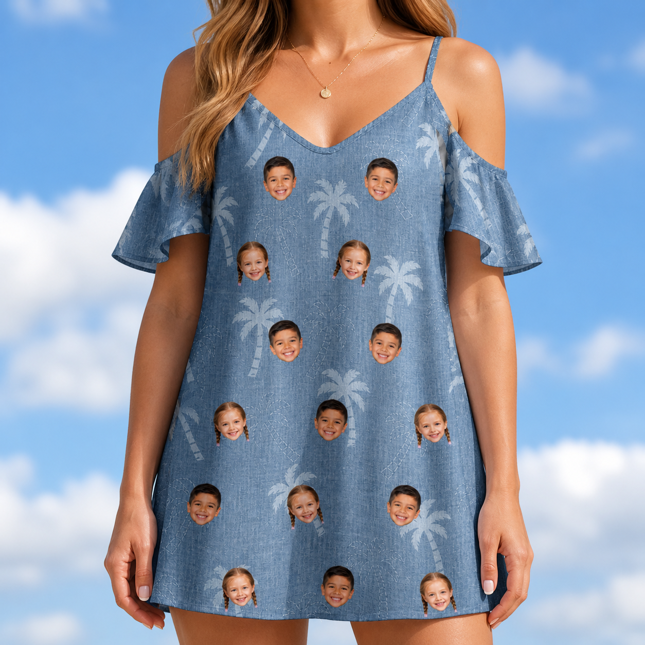Model wearing Women's Midcentury Mirage Custom Face Off-Shoulder Dress printed with kids' faces