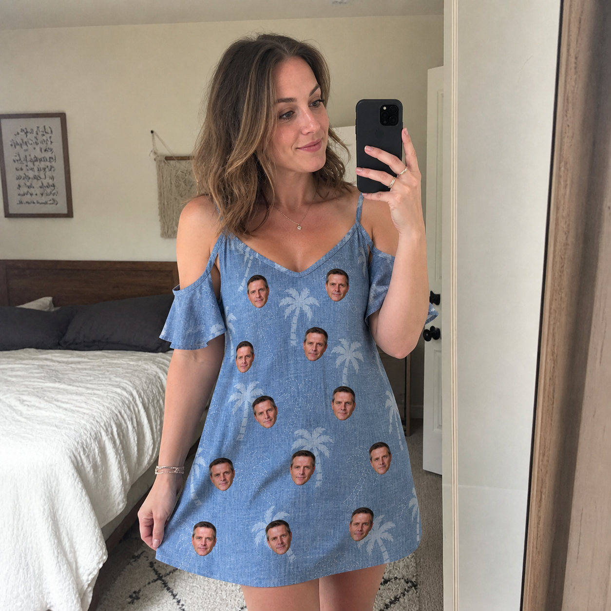 Real-life photo of someone wearing Women's Midcentury Mirage Custom Face Off-Shoulder Dress — custom faces printed all-over