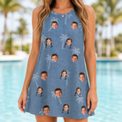 Model wearing Women's Midcentury Mirage Custom Face Tank Dress printed with kids' faces