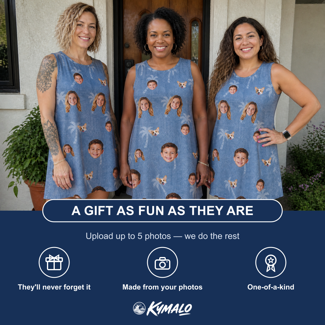 Friends in matching Women's Midcentury Mirage Custom Face Tank Dress — a group gift photo