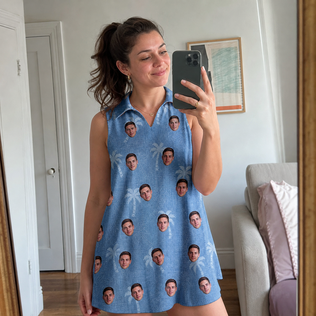 Real-life photo of someone wearing Women's Midcentury Mirage Custom Face V-Neck Dress — custom faces printed all-over