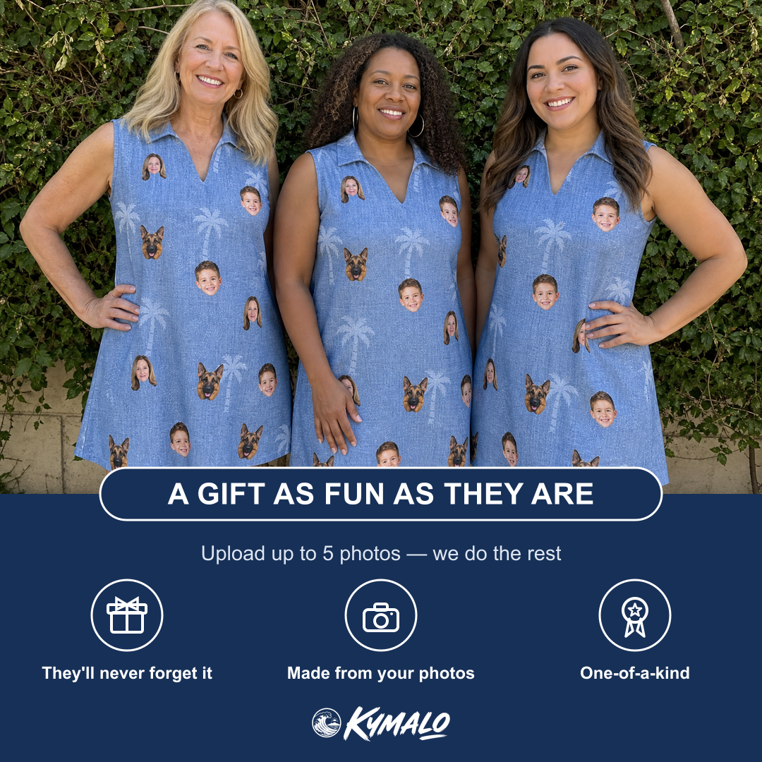 Friends in matching Women's Midcentury Mirage Custom Face V-Neck Dress — a group gift photo