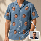 Man wearing Men's Midcentury Mirage Custom Face Hawaiian Shirt — custom faces printed all-over