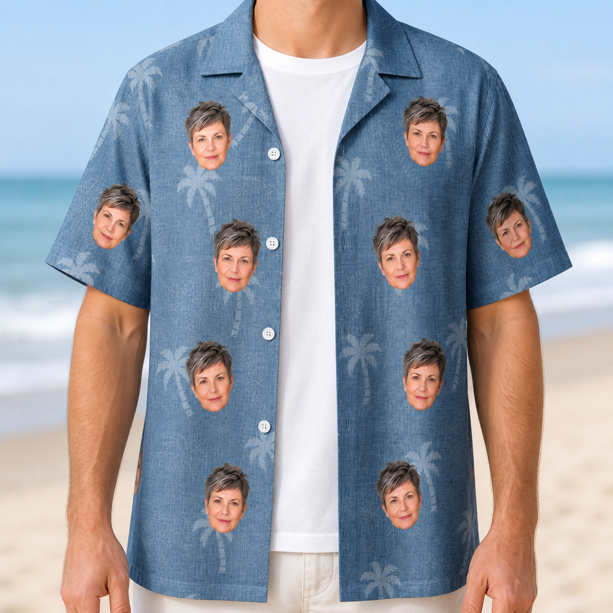 Man wearing Men's Midcentury Mirage Custom Face Hawaiian Shirt open over a white tee