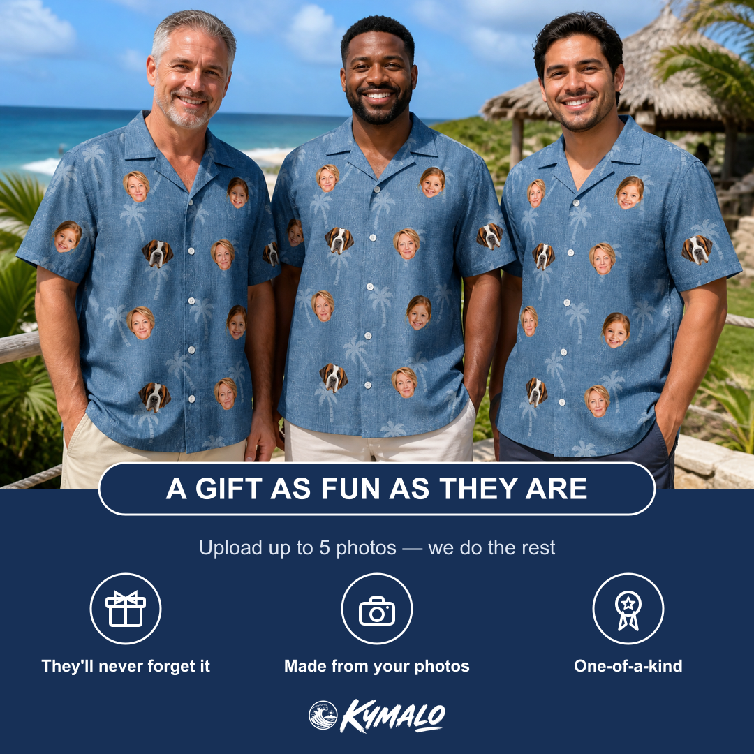 Friends in matching Men's Midcentury Mirage Custom Face Hawaiian Shirt — a group gift photo