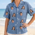 Model wearing Women's Midcentury Mirage Custom Face Hawaiian Shirt printed with kids' faces