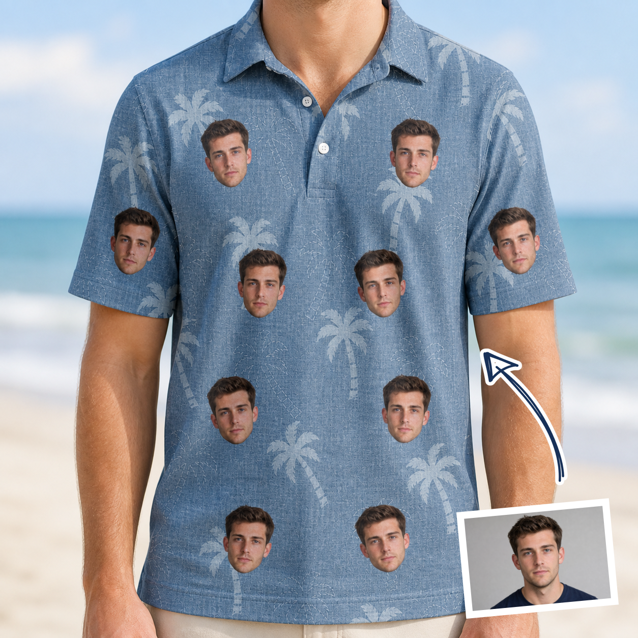 Man wearing Men's Midcentury Mirage Custom Face Polo Shirt — custom faces printed all-over