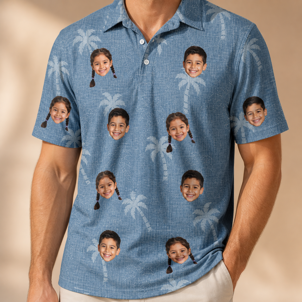 Model wearing Men's Midcentury Mirage Custom Face Polo Shirt printed with kids' faces