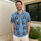 Real-life photo of someone wearing Men's Midcentury Mirage Custom Face Polo Shirt — custom faces printed all-over