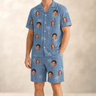 Model wearing Men's Midcentury Mirage Custom Face Shirt & Shorts Set printed with kids' faces